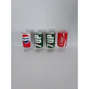 Vintage 7Up Pepsi Coca Cola Drinking Glasses Pedestal 1970s Set Of 4